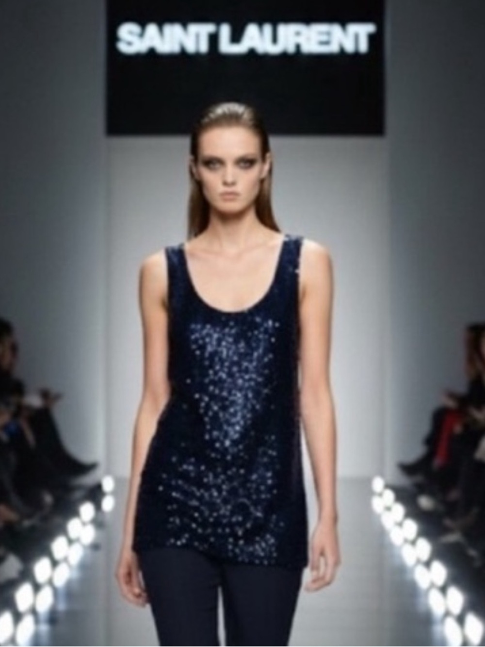 New authentic Saint Laurent luxury designer dark navy sequins top blouse sz M